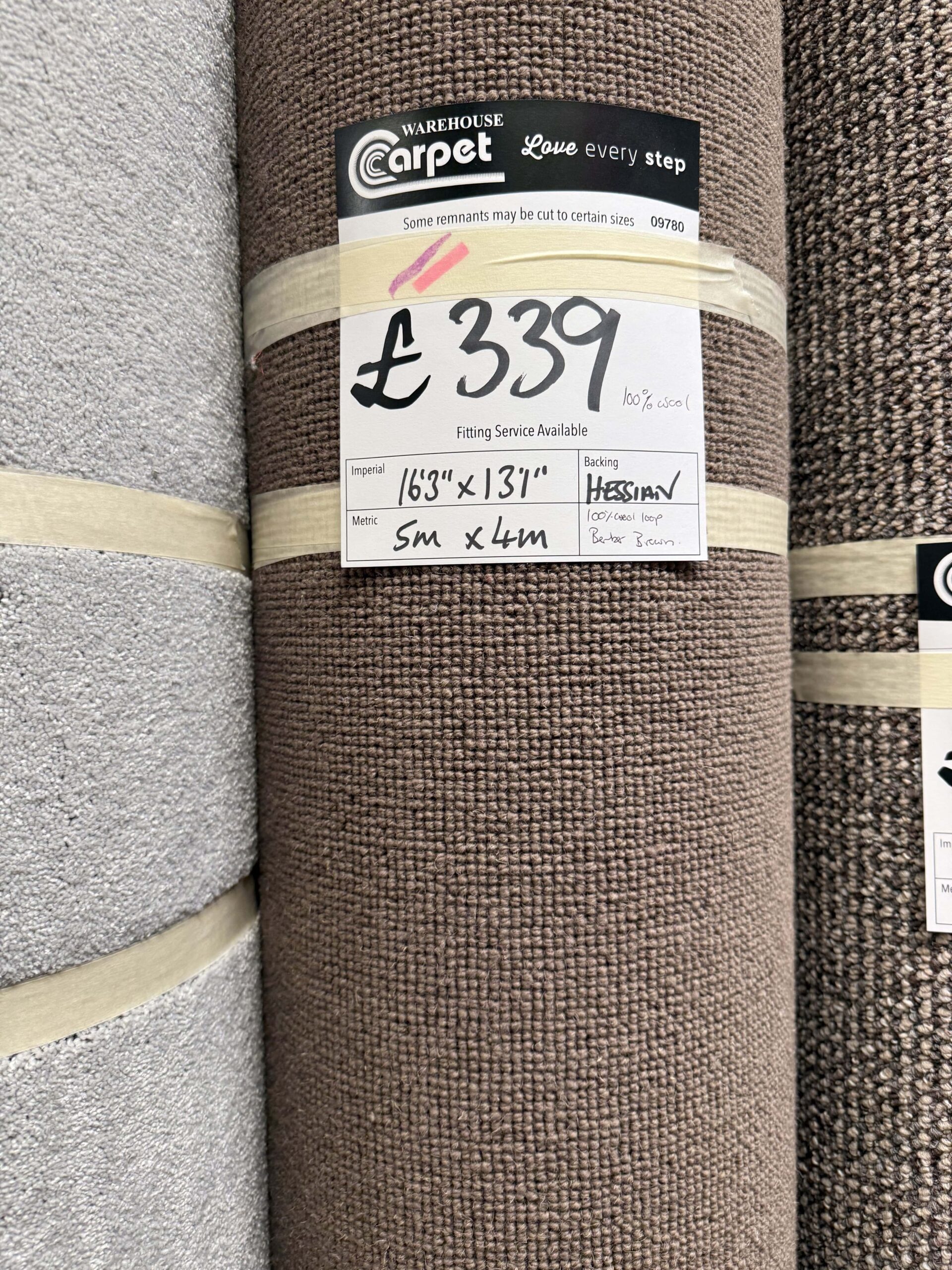 100% WOOL LOOP BERBER - BROWN - HESSIAN 5 X 4M