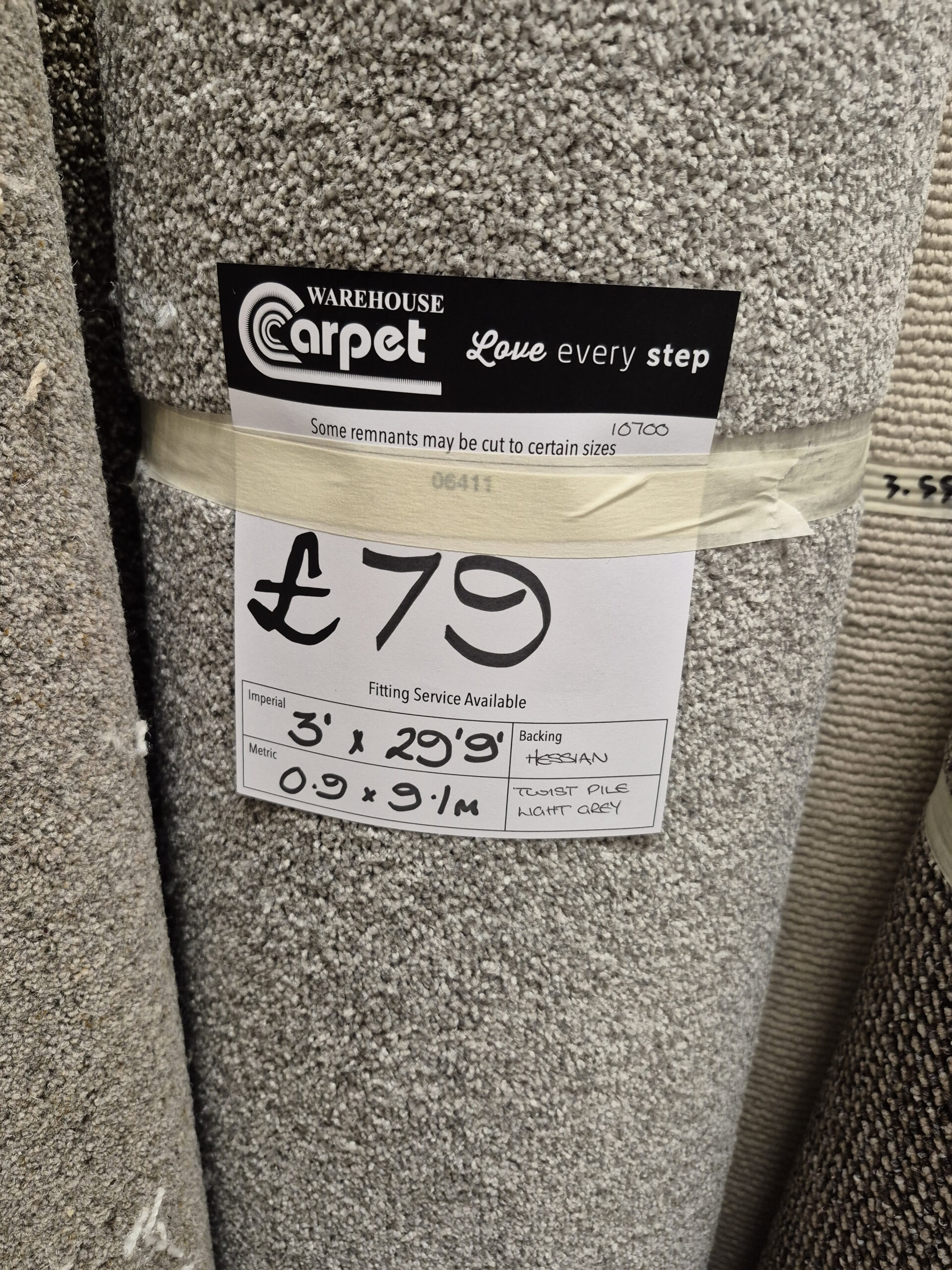 TWIST PILE - LIGHT GREY - HESSIAN - 0.9 X 9.1M